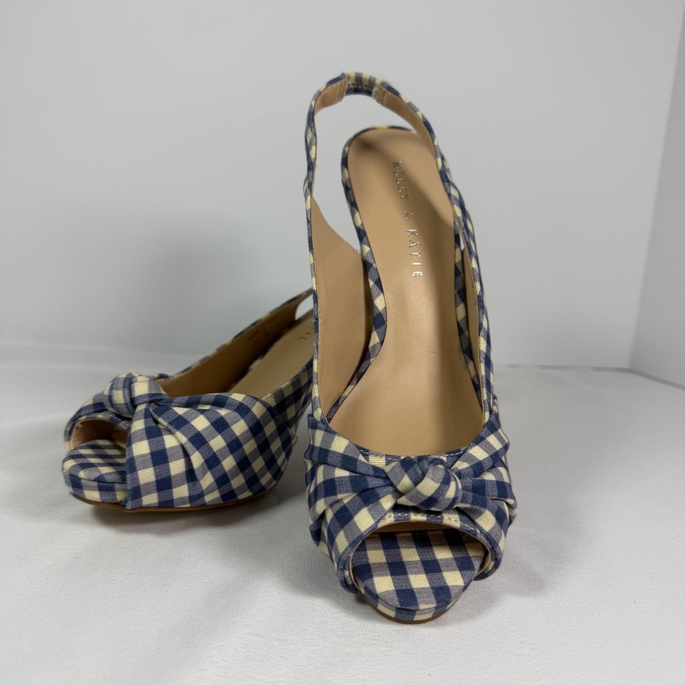 Kelly & Katie Gingham Peep Toe Slingback Heels Navy Blue White Knot Detail 8.5